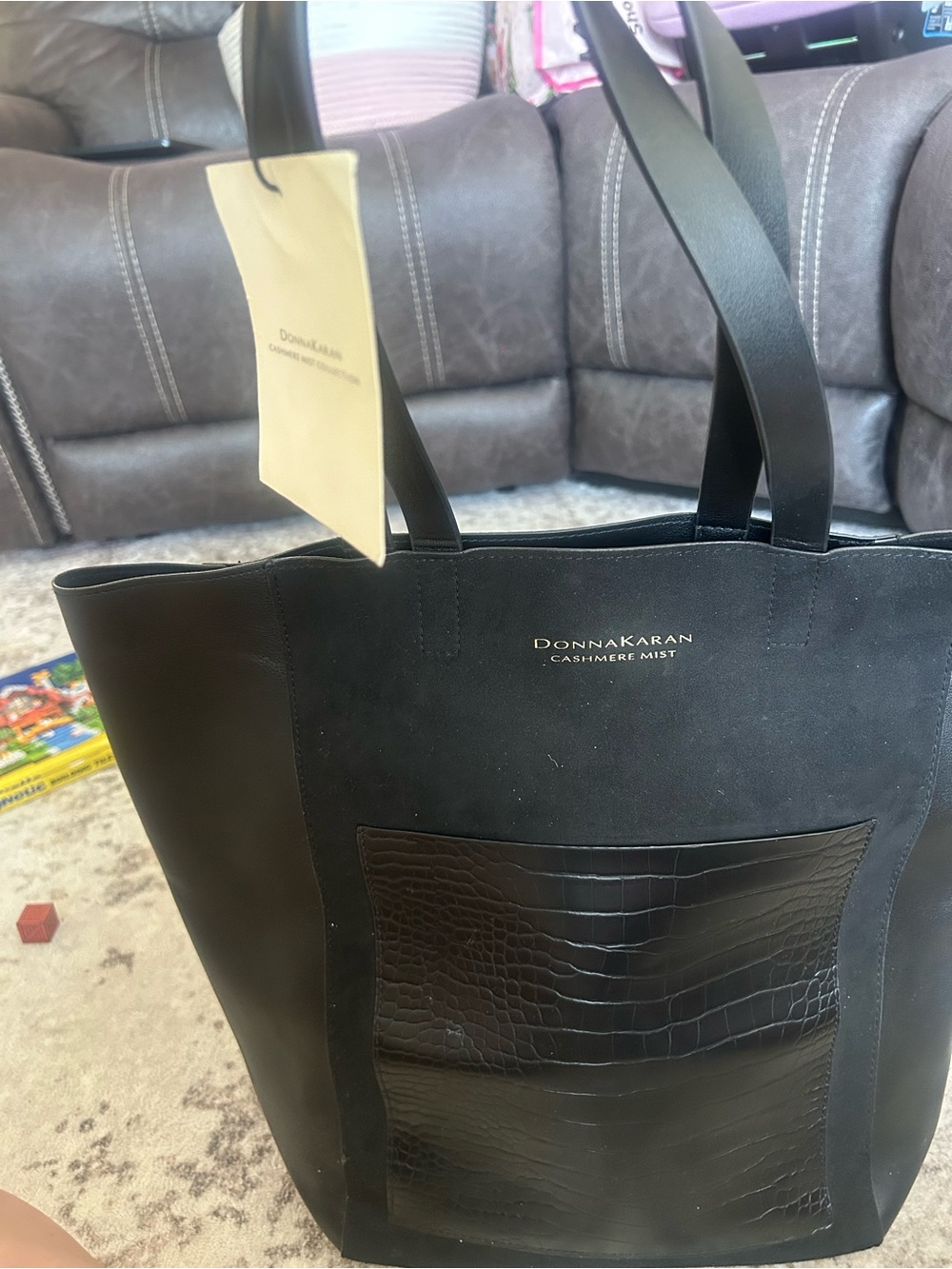 Donna Karan Black Cashmere Mist Suede Tote with Croc-Embossed Pocket